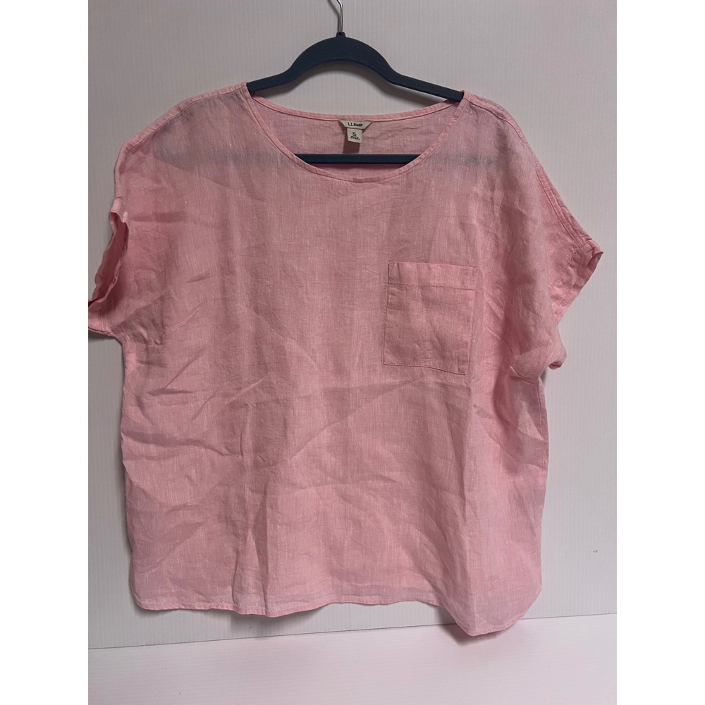 LL Bean Pink 100% Linen Short Sleeve Pocket Top Blouse XL